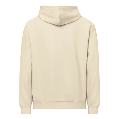 Rückansicht des Boxy-Hoodie für Herren in Creme, aus dicht gewebtem Fleece mit überlappendem Halsausschnitt.
