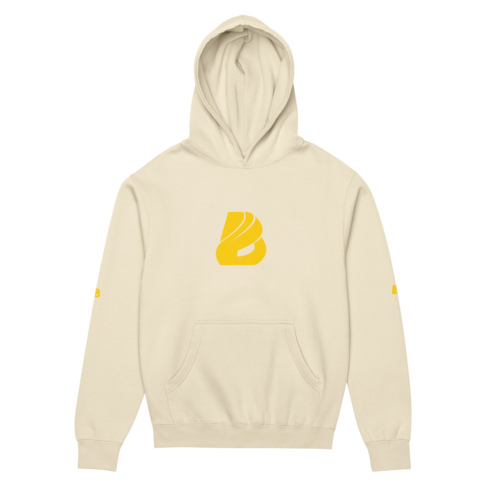 Boxy-Hoodie für Herren in Beige mit gelbem Logo, weiches Fleece, oversized Look