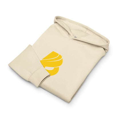 Boxy-Hoodie für Herren in Beige mit gelbem Logo-Aufdruck, weiches Fleece-Material, tief angesetzte Schultern für markante Boxy-Passform.