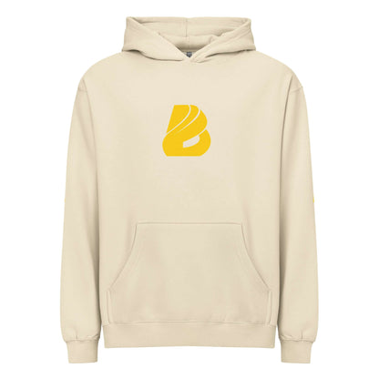 Beige Boxy-Hoodie für Herren mit gelbem Logo, weiches Fleece, oversized Design.