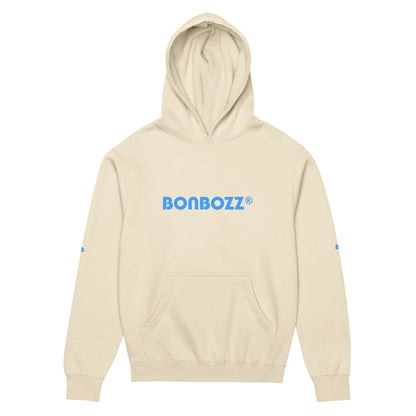 Cream-colored hoodie with "BONBOZZ" text on the chest, featuring a comfortable fit for casual wear.