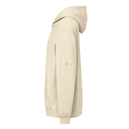 Side view of beige Boxy-Hoodie für Herren with oversized fit and hood, showcasing soft fleece material.