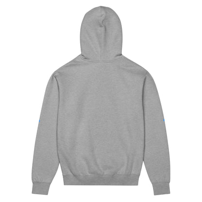 Rückansicht des Boxy-Hoodie für Herren in Carbon Grey, aus weichem Fleece mit überlappendem Halsausschnitt und tief angesetzten Schultern.