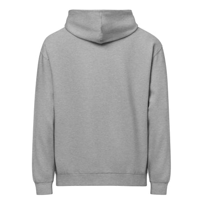 Alt Tag: Rückansicht des Boxy-Hoodie für Herren aus dicht gewebtem Fleece in Carbon Grey, 60% Baumwolle, 40% Polyester, oversized Passform.