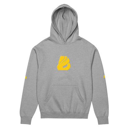 Boxy-Hoodie für Herren in Carbon Grey mit gelbem Logo, weiches Fleece, oversized Passform, Baumwolle-Polyester-Mischung.