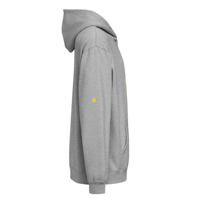 Boxy-Hoodie für Herren in Carbon Grey aus weichem 3-End-Fleece, tief angesetzte Schultern, überlappender Halsausschnitt, seitliche Ansicht.