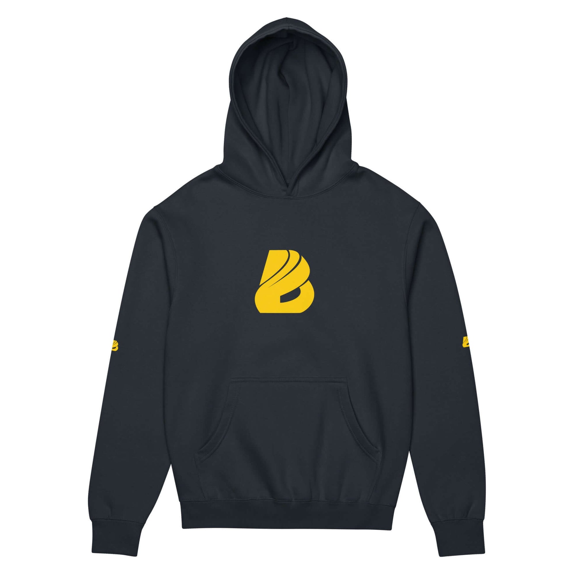 Boxy-Hoodie für Herren in Carbon Grey with a bold yellow logo, featuring a soft fleece material and oversized design.