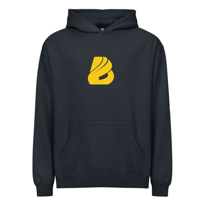 Boxy-Hoodie für Herren in Carbon Grey mit gelbem Logo. Weiches Fleece, überlappender Ausschnitt, oversized Boxy-Passform.