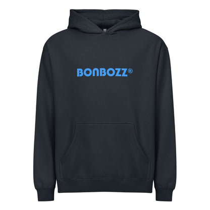 Boxy-Hoodie für Herren in dunkelgrau mit blauen Bonbozz Logo, 60% Baumwolle, 40% Polyester Fleece, oversized Passform, markanter Look.