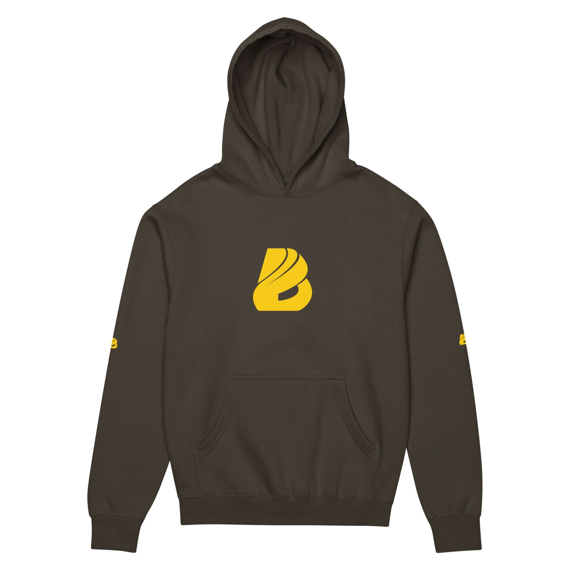 Boxy-Hoodie für Herren in Carbon Grey mit gelbem Logo, weiches Fleece, oversized Passform, ideal für einen modernen Look.