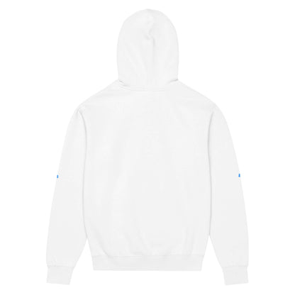 Boxy-Hoodie für Herren in Weiß, hochwertige Baumwoll-Polyester-Mischung, mit markantem überlappendem Halsausschnitt und oversized Passform.