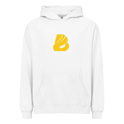 Boxy-Hoodie für Herren, weißer Kapuzenpullover mit gelbem Logo, weiches Fleece, oversized Design