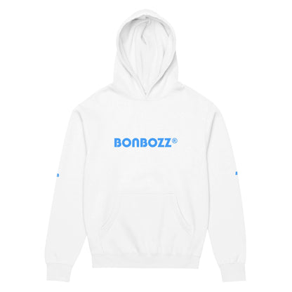 Boxy-Hoodie für Herren in Weiß mit Bonbozz-Logo, weiches Fleece, 60 % Baumwolle, oversized Passform