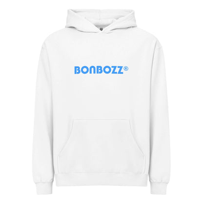 Boxy-Hoodie für Herren in Weiß mit Bonbozz Logo, aus dicht gewebtem Fleece, ausgestattet mit überlappendem Halsausschnitt und Kängurutasche.