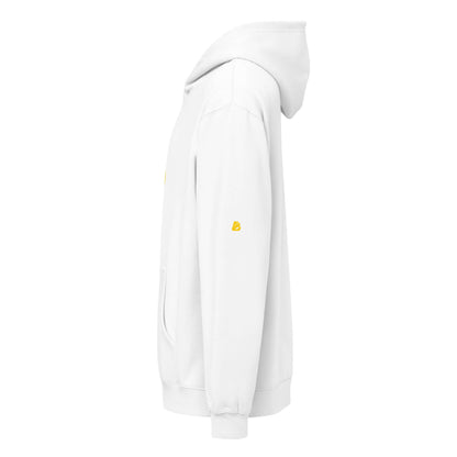 Side view of Boxy-Hoodie für Herren in white with oversized fit, showcasing soft fleece fabric.