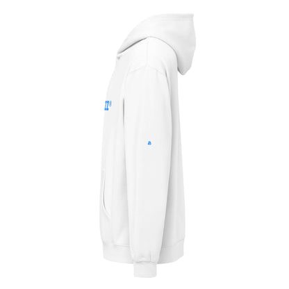 Side view of a white Boxy-Hoodie für Herren with blue logo, showing off the distinctive boxy fit and soft fleece material.