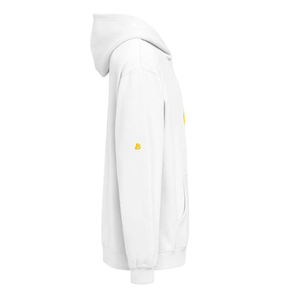 Side view of Boxy-Hoodie für Herren in white, showcasing soft fleece fabric and boxy fit with dropped shoulders.