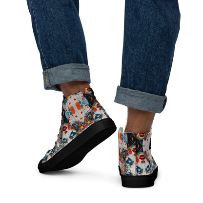 High-Top Leinenschuhe für Herren N°9 mit buntem Design, getragen zu hochgekrempelten Jeans, Ansicht von hinten