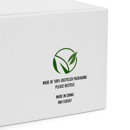 Eco-friendly packaging box with recycling symbol and 'Made in China' label.