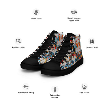 High-Top Leinenschuhe für Herren N°9, handgefertigte schwarze Canvas-Schuhe mit bunter Musterung, gepolsterter Kragen, EVA-Sohle