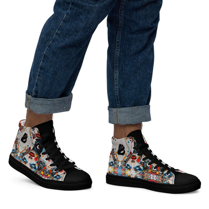 Stylish High-Top Leinenschuhe für Herren N°9 with colorful canvas design, black accents, and white sole, worn with rolled-up jeans.