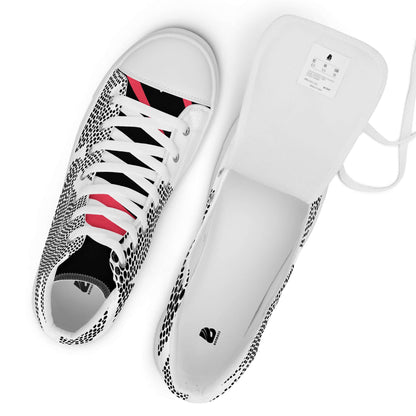 High-Top Leinenschuhe für Herren N°6 in schwarz-weißem Design mit pinken Details, Oberansicht der Schuhe mit weißen Schnürsenkeln, gepolstertem Kragen.