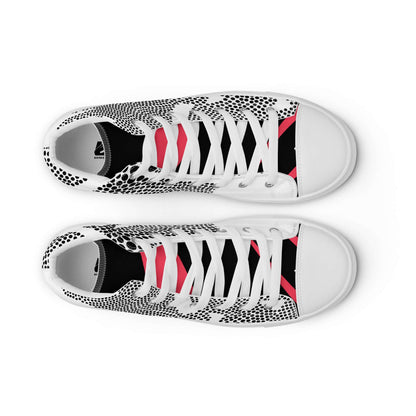 High-Top Leinenschuhe für Herren N°6, handgefertigte weiße Sneaker mit schwarzem und rotem Design, ideal für trendbewusste Outfits.