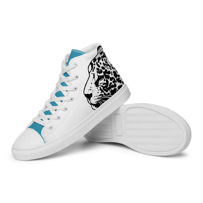 High-Top Leinenschuhe für Herren N°5 with leopard print design, white laces, and teal accents on a white background.