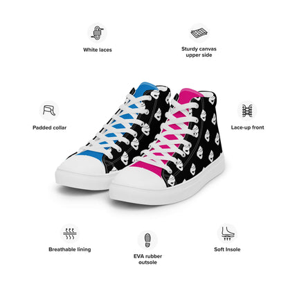 High-Top Leinenschuhe für Herren N°7 with EVA rubber outsole, breathable lining, and white laces on black canvas background.