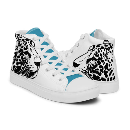 High-Top Leinenschuhe für Herren N°5, weiße Sneakers mit Leopardenmuster und blauen Akzenten, handgefertigt und trendig