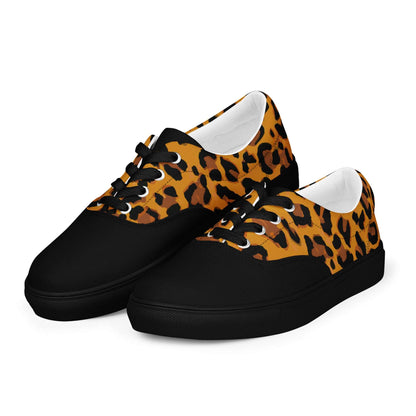 Herren-Canvas-Schuhe in Leopardenmuster mit atmungsaktivem Futter und gepolstertem Bund, schwarz-orange Design, vielseitig für den Alltag.
