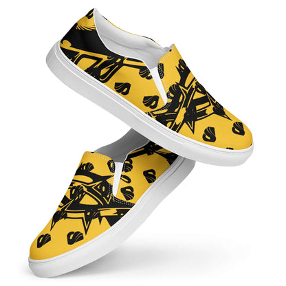 Stylish yellow and black Herren-Canvas-Slipper N°1 with graphic design, featuring removable soft insoles and EVA rubber soles.