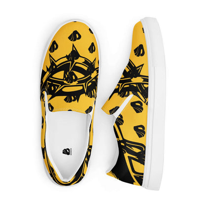 Yellow Herren-Canvas-Slipper N°1 with black abstract design, featuring soft removable insoles and EVA rubber soles.