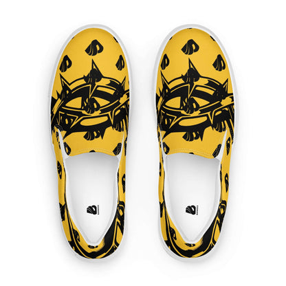 Yellow and black Herren-Canvas-Slipper N°1 with graphic design, featuring comfort-focused soft insoles and EVA rubber soles.