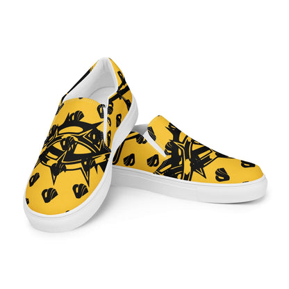 Stylish yellow and black patterned Herren-Canvas-Slipper N°1 with comfortable EVA rubber soles and removable insoles.