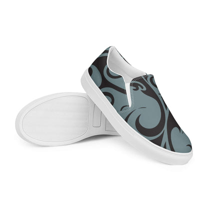 Herren-Canvas-Slipper N°2 in blue with black swirl design, featuring removable soft insoles and EVA rubber sole for comfort.