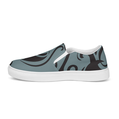 Herren-Canvas-Slipper N°2 with black abstract design on blue, featuring removable soft insoles and EVA rubber sole for comfort and style.