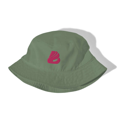 Fischerhut aus Bio-Baumwoll-Twill N°0 in grün mit rotem Logo, umweltfreundlicher Twill-Hut aus 100 % Baumwolle, atmungsaktiv und stilvoll.