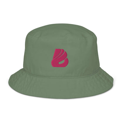 Fischerhut aus Bio-Baumwoll-Twill N°0 in Grün mit rosa Logo, umweltfreundlicher Twill-Hut aus 100 % atmungsaktiver Baumwolle