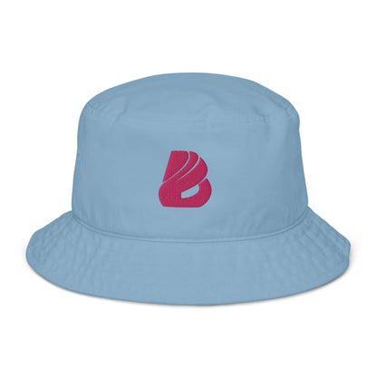 Fischerhut aus Bio-Baumwoll-Twill N°0 in Blau mit rotem Logo, umweltfreundlich, stilvoll, atmungsaktiver Twill-Stoff, One Size