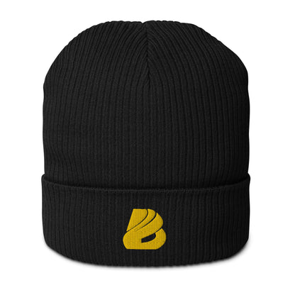 Schwarze Gerippte Bio-Beanie N°1 aus 100% Bio-Baumwolle mit gelbem Logo, umweltfreundlich, atmungsaktiv und stylish für vielseitigen Einsatz.