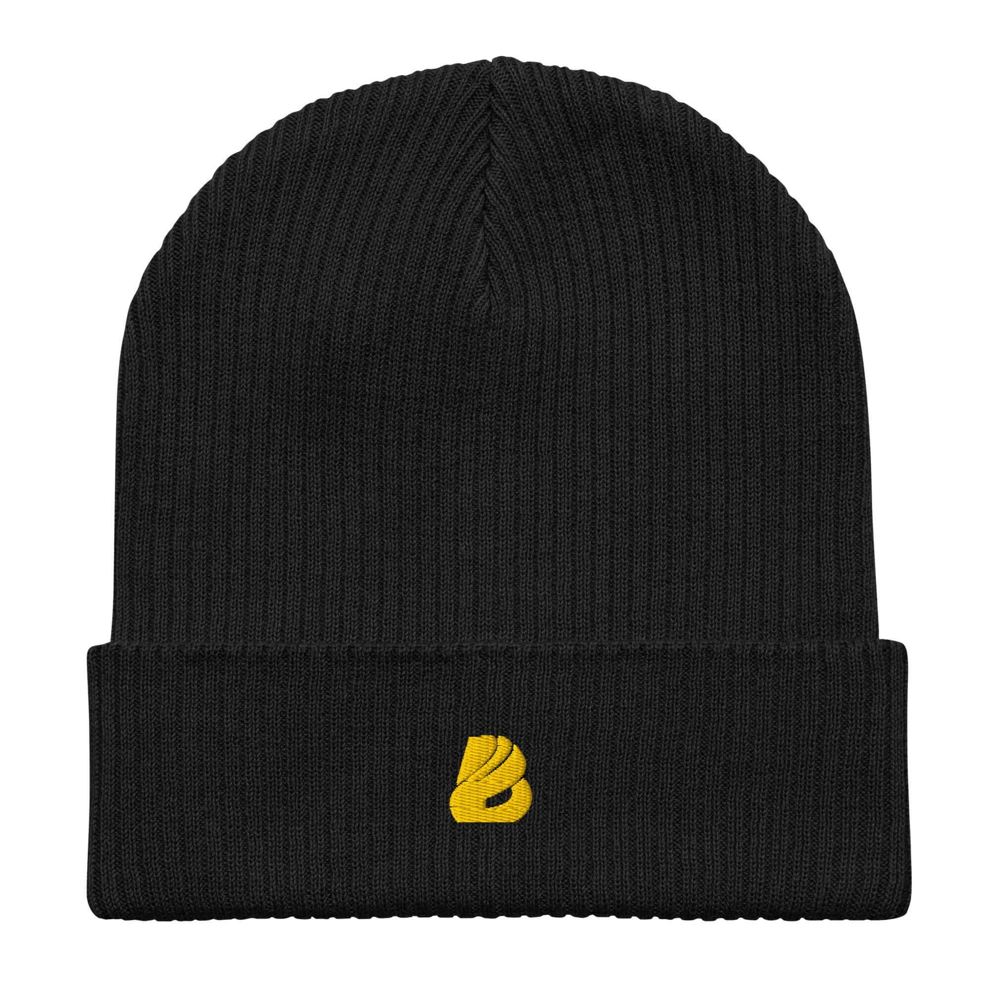 Gerippte Bio-Beanie aus 100% Bio-Baumwolle, schwarzes Rippmuster mit gelbem Logo, stylisch und umweltfreundlich für drinnen und draußen.