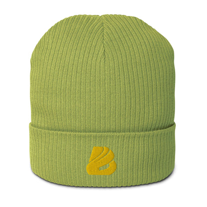 Gerippte Bio-Beanie N°1 aus 100% Bio-Baumwolle, grüne Farbe, mit Rippbündchen, antiallergisch und umweltfreundlich, für Indoor und Outdoor.