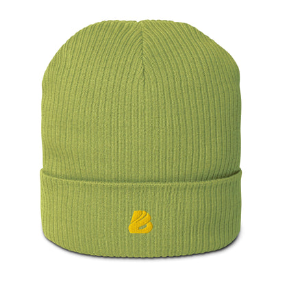 Gerippte Bio-Beanie aus 100% Bio-Baumwolle in Grün, stilvoll und umweltfreundlich, mit Rippstruktur ideal für Innen- und Außenbereich.