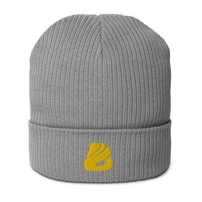 Gerippte Bio-Beanie N°1 aus 100% Bio-Baumwolle, graue Rippmütze mit gelbem Logo, umweltfreundlich, antiallergisch, unisex Wintermode