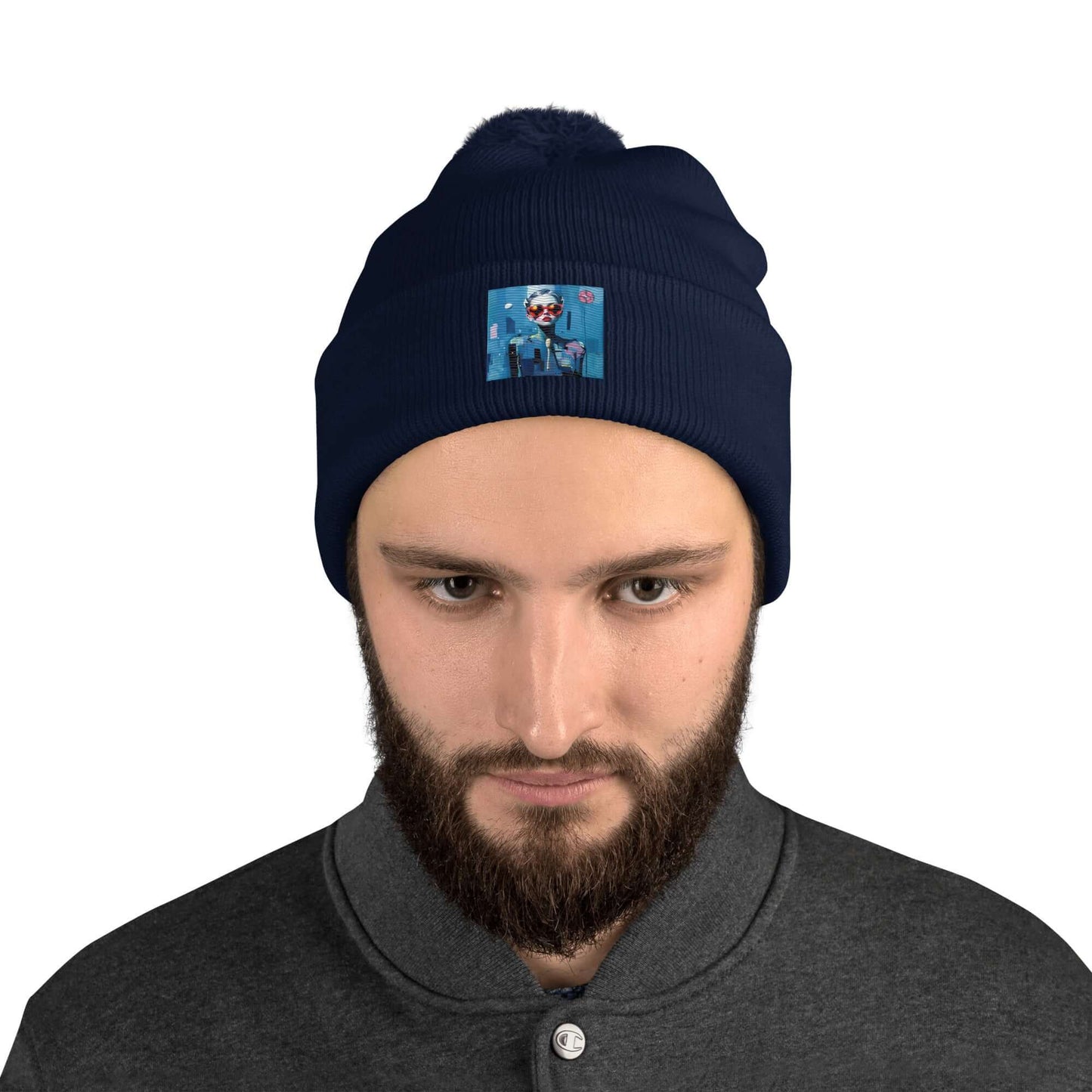 Man wearing a classic navy Bommelmütze with embroidered design and pom-pom, offering warmth and comfort for cold weather looks.