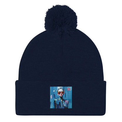 Bommelmütze in Dunkelblau mit besticktem Design und Bommel, 100% Acryl, ideal für kaltes Wetter