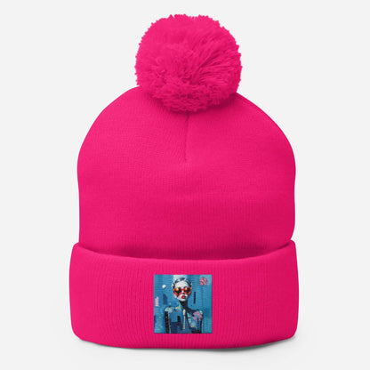 Pink Bommelmütze with embroidered design, pom-pom top, and fold-over cuff, perfect for cold weather, made of 100% acrylic.