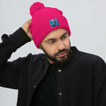 Man wearing a pink Bommelmütze with pompom, embroidered patch, and black jacket