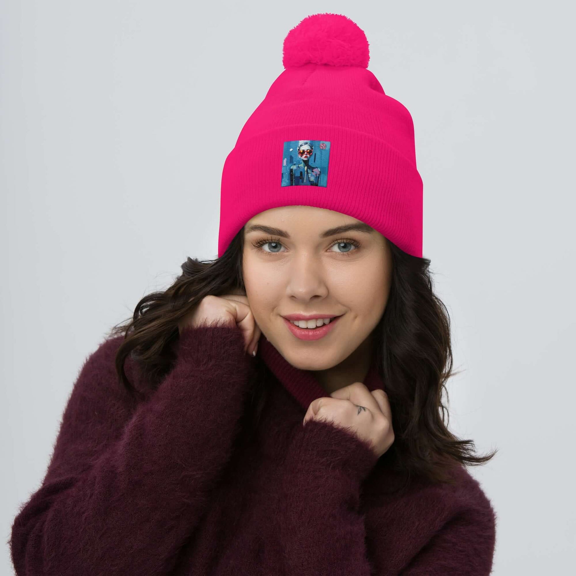 Woman wearing a pink Bommelmütze with a pom pom, adding warmth and style to winter outfits, made from 100% acrylic.